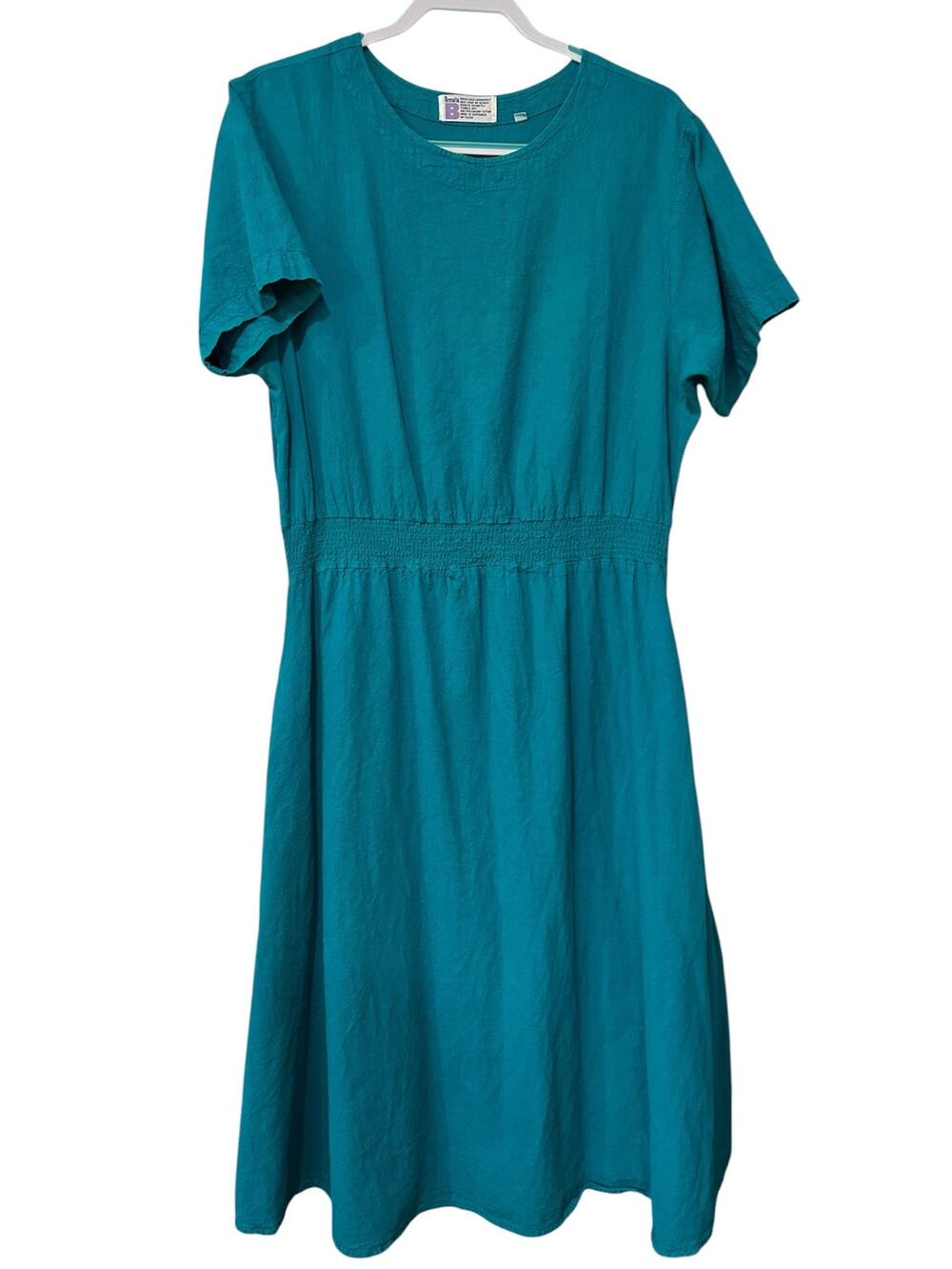 Renata B Teal Cotton Dress Smocked Waist Pockets Textured Midi Women's Medium